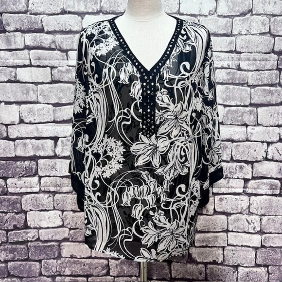 JM Collection Black & White V-Neck Blouse Size 1X - Picture 1 of 9